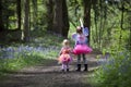 Two children in a wood filled with spring bluebells Royalty Free Stock Photo