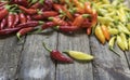 Two chilli peppers in front of large group of peppers on wooden Royalty Free Stock Photo