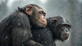 Two chimpanzees (Pan troglodytes) are huddled together under rainfall Royalty Free Stock Photo