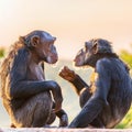 Two chimpanzees talking. Two chimpanzees meeting with each other apparently having a discussion using hand gestures Royalty Free Stock Photo