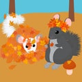 Two chinchillas walk in the autumn forest. vector illustration