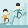 Two chinese guy walking in arrow going up