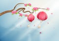 Two chinese lanterns hanging on floral branch pink peonies