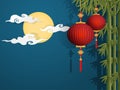 Two Chinese red lanterns hanging on bamboo tree on blue sky with full moon and clouds  background Royalty Free Stock Photo