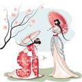 Two chinese women with parasols