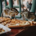 Two chipmunks are eating pizza on a table. AI generative image. Royalty Free Stock Photo