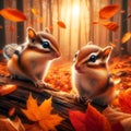 two chipmunks perch on a fallen log in a sunlit autumn forest, surrounded by vibrant leaves Royalty Free Stock Photo