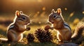 Two chipmunks play with pine cones in a sunlit forest setting Royalty Free Stock Photo
