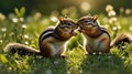 Two Cute Chipmunks Eating in a Grassy Field Bathed in Golden Sunlight Royalty Free Stock Photo