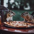 Two chipmunks sitting at a table with a pizza. Generative AI image.