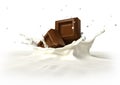 Two chocolate blocks falling into milk splashing. Royalty Free Stock Photo