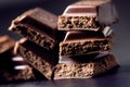 Two chocolate buildings on a dark background. energy and sugar. Broken bar. Chocolate blocks stack