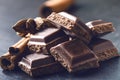 Two chocolate buildings on a dark background. energy and sugar. Broken bar. Chocolate blocks stack