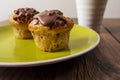 Two chocolate chip muffins on a yellow plate and white cup of tea and wooden table . Copy space. Premium quality bakery product Royalty Free Stock Photo