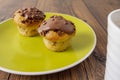 Two chocolate chip muffins on a yellow plate and wooden table . Copy space. Premium quality bakery product Royalty Free Stock Photo