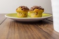 Two chocolate chip muffins on a yellow plate and wooden table . Copy space. Premium quality bakery product Royalty Free Stock Photo