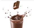 Two chocolate cubes splashing in a glass with chocolate splash Royalty Free Stock Photo