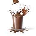 Two chocolate cubes splashing in a glass full of liquid chocolate with splash. Generative A.I Royalty Free Stock Photo