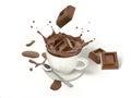 Two chocolate cubes splashing in white cup with splash Royalty Free Stock Photo