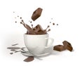 Two chocolate cubes splashing in white cup with splash Royalty Free Stock Photo