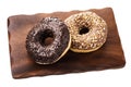 Two chocolate donuts on a stand isolated Royalty Free Stock Photo