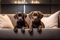 Two Chocolate Labrador Retriever Puppies Lying on a Sofa with Generative AI.