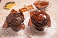 Two chocolate muffins with hot chocolate Royalty Free Stock Photo