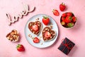 Breakfast for two, Valentines day food for couple in love with chocolate toasts and strawberry Royalty Free Stock Photo