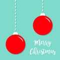 Two Christmas ball hanging on dash line. Cute round red bauble toy. Happy New Year sign symbol. Flat design style. Blue background Royalty Free Stock Photo