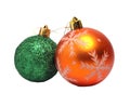 Two Christmas balls of orange and green Royalty Free Stock Photo