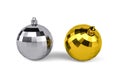 Two Christmas balls in silver and gold colors isolated on white background Royalty Free Stock Photo