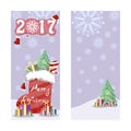 Two Christmas banners in retro style. Christmas boot with gifts, sweets and decorated s tree. Decorative inscription of the coming
