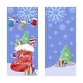 Two Christmas banners in retro style. Gifts, snowflakes and garlands of boots, hats and colored lights. Royalty Free Stock Photo