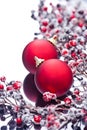 Two Christmas baubles and holly berries Royalty Free Stock Photo