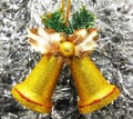 Two Christmas bells decoration with festive background Royalty Free Stock Photo