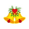 Two Christmas bells with heart and floral garland. Door wreath design element.