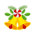 Two Christmas bells with lollipop and floral garland. Door wreath design element.