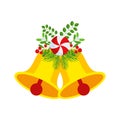 Two Christmas bells with lollipop and floral garland. Door wreath design element.