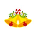 Two Christmas bells with lollipop and floral garland. Door wreath design element.