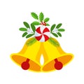 Two Christmas bells with lollipop and floral garland. Door wreath design element.