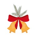 Two Christmas bells with a red bow and a spruce branch Royalty Free Stock Photo