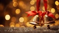 Two christmas bells with red ribbons on a shiny background, AI Royalty Free Stock Photo