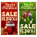 Two Christmas discount banners with Santa Claus bag with presents and Christmas stockings. Red and green vertical discount banners Royalty Free Stock Photo