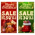 Two Christmas discount banners with Santa Claus bag with presents and present with Teddy bear. Royalty Free Stock Photo
