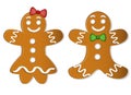Two Christmas gingerbread boy and girl with bows