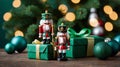 Two christmas nutcrackers standing on presents with christmas tree in background Royalty Free Stock Photo