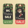 Two Christmas Sale label. Hand-drawn xmas objects- gingerbreads. up to 50%. Vector