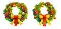 Two Christmas wreaths of fir tree branches decorated with colorful bows and baubles isolated on white background. Digital Royalty Free Stock Photo