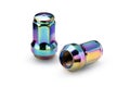 Two chrome wheel nuts for alloy wheels , isolate on a white background auto parts of the color rainbow titanium or