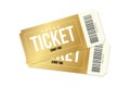 Two cinema golden tickets. Gold movie or theatre coupons. Two realistic vector ticket template Royalty Free Stock Photo